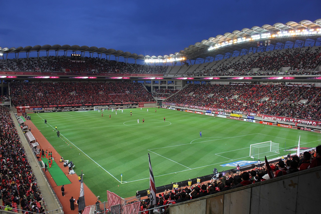 Crowd at a floodlit football stadium